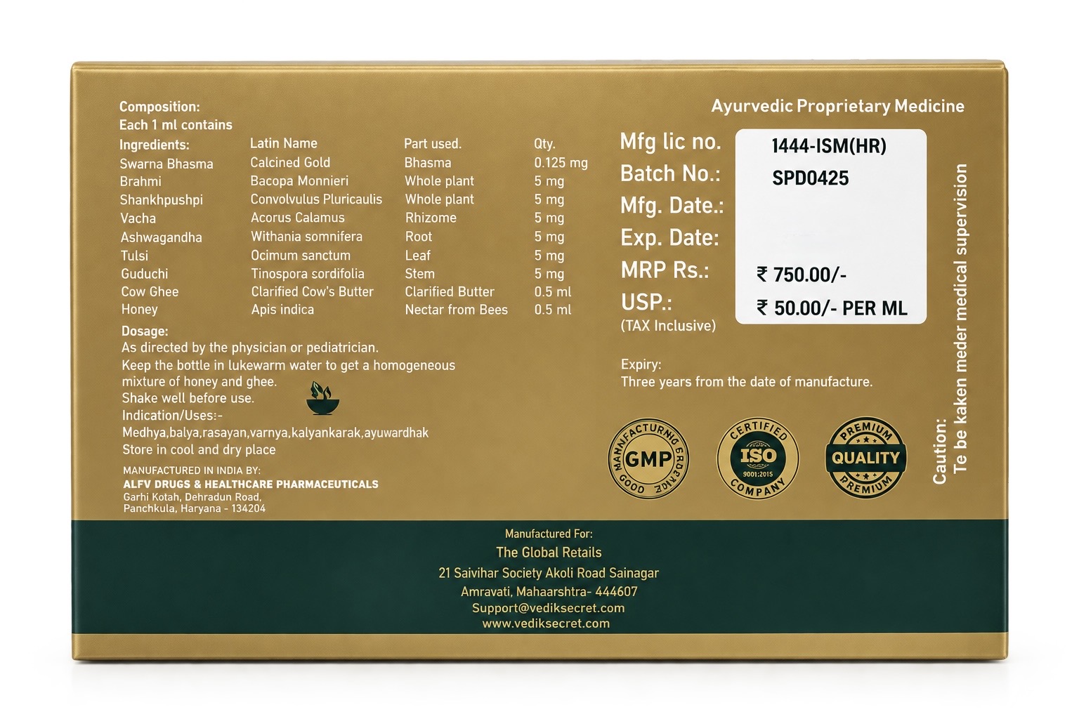 Ingredients, dosage and certification details on the Swarna Prashan Drops box
